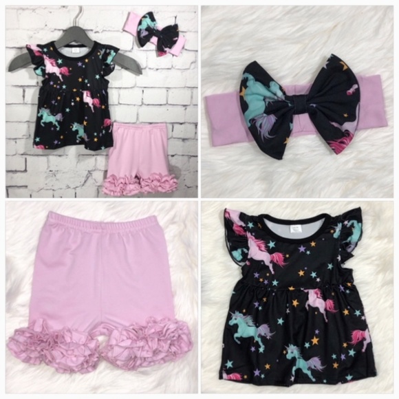 3pc. Black & Pink Unicorn Shorts Set - Picture 6 of 6